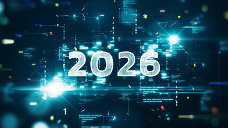 Happy New Year Glowing futuristic numbers 2026 with abstract data streams, neon lights, and digital code background symbolizing technology, innovation, and the futureの写真素材