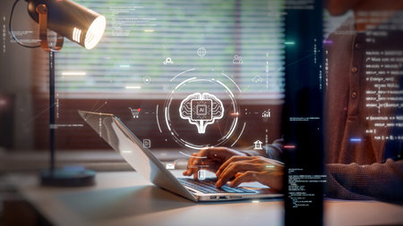Professional developer working on a laptop with a glowing AI brain interface and digital data icons....