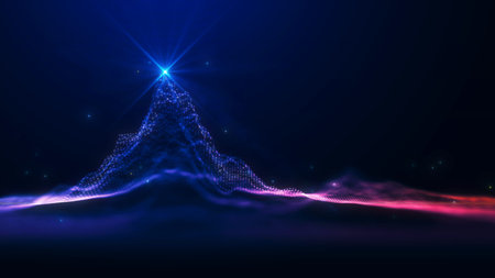 Abstract 3D digital landscape with glowing blue mountain peak and network connection points....
