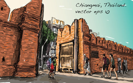 sketch of cityscape show aisa heritage Tha Phae gaet in Chiangmai Thailand, illustration vectorのイラスト素材