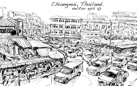 sketch of cityscape show asia style trafic on street and building in Thailand, illustration vectorのイラスト素材