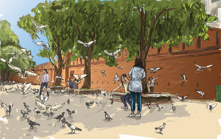 Sketch cityscape of Chiangmai, Thailand, show gate Tha Phae and tourism with pegions, illustration vectorのイラスト素材