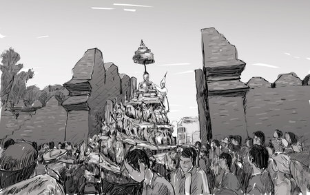 Sketch of cityscape in Thailand show traditional parade "Songkran Festival" at old wall, illustration vectorのイラスト素材
