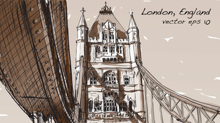 Sketch drawing in London England show Tower Bridge in Sepia tone, illustration vectorのイラスト素材