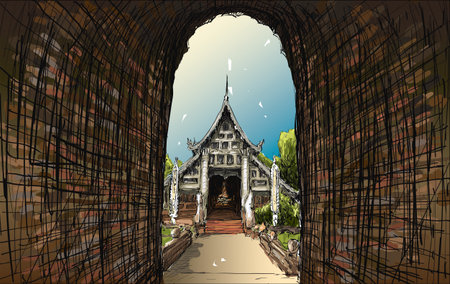 Sketch cityscape of Chiangmai, Thailand, show local temple Wat Lokmolee, illustration vectorのイラスト素材