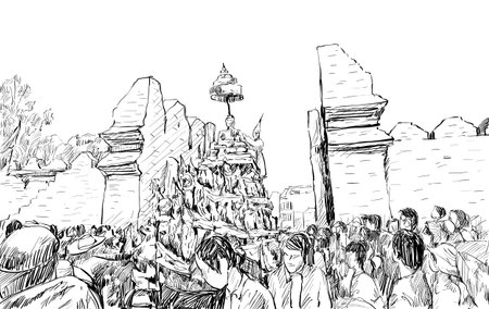 Sketch of cityscape in Thailand show traditional parade "Songkran Festival" at old wall, illustration vectorのイラスト素材
