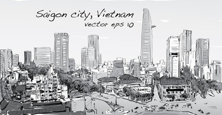 Sketch cityscape of Saigon city (Ho Chi Minh) show building capital in town, illustration vectorのイラスト素材