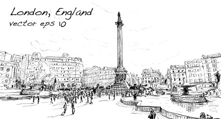 sketch city scape in London England shop monunent, peoples walk on public space, illustration vectorのイラスト素材
