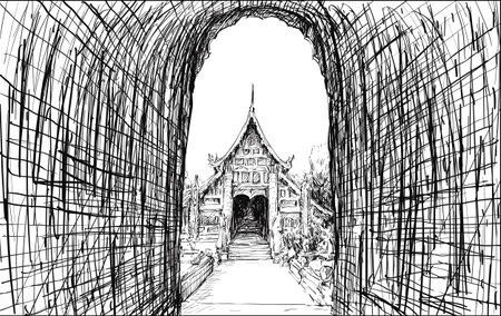 Sketch cityscape of Chiangmai, Thailand, show local temple Wat Lokmolee, illustration vectorのイラスト素材