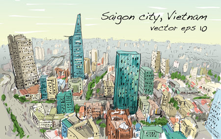 Sketch cityscape of Saigon city ( Ho Chi Mihn ) Vietnam show skyline and building, illustration vectorのイラスト素材