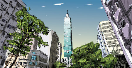 Sketch of cityscape show urban street view in Taiwan, Taipei building, illustration vectorのイラスト素材