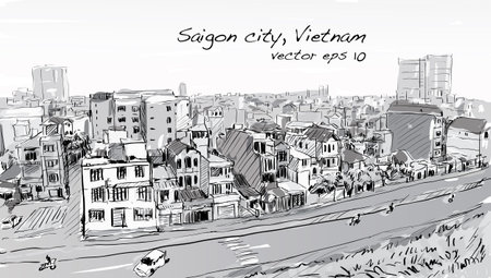 Sketch cityscape of Saigon city ( Ho Chi Mihn ) Vietnam show skyline and building, illustration vectorのイラスト素材