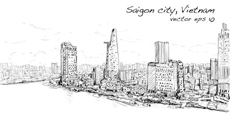 Sketch cityscape of Saigon city ( Ho Chi Mihn ) Vietnam show skyline and building, illustration vectorのイラスト素材