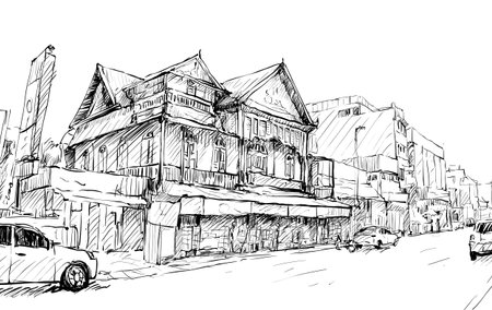 Sketch of cityscape in Thailand show old building on street asia style, illustration vectorのイラスト素材