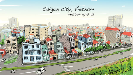 Sketch cityscape of Saigon city ( Ho Chi Mihn ) Vietnam show skyline and building, illustration vectorのイラスト素材