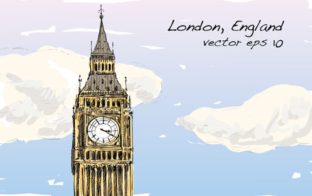 Sketch of London, England, show Big Be with clouds, illustration vectorのイラスト素材