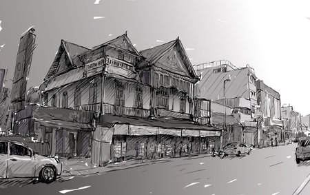 Sketch of cityscape in Thailand show old building on street asia style, illustration vectorのイラスト素材