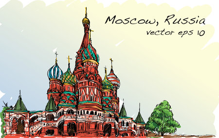 Landscape sketch, Moscow, Russia, Red square, free hand drawing illustration vectorのイラスト素材