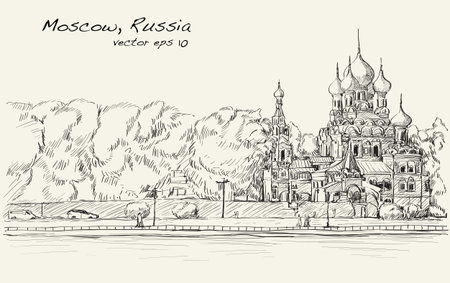 Skecth of cityscape in Moscow, Russia, Orthodox church along river with people walk on the way public space, illustration vectorのイラスト素材