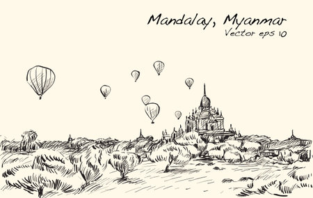 Sketch landscape of Mandalay, Manmar, show balloon on sky over Bagan, free hand draw illustration vectorのイラスト素材