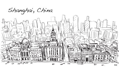 Sketch city scape of Shanghai, China, the building in downtown, free hand draw illustration vectorのイラスト素材