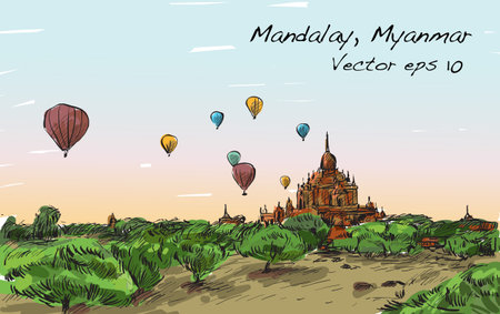 Sketch landscape of Mandalay, Manmar, show balloon on sky over Bagan, free hand draw illustration vectorのイラスト素材
