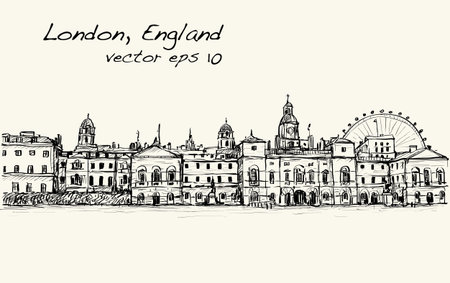 City scape drawing in London, England, show old castle and carousel, illustration vectorのイラスト素材