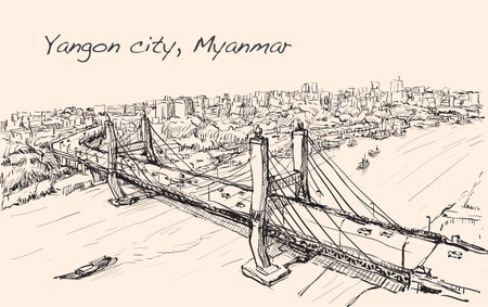 sketch cityscape of Yangon, Myanmar show topview Maha Bandual bridge, free hand draw illustration vectorのイラスト素材