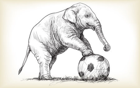 elephant playing football, sketch free hand draw illustrationのイラスト素材