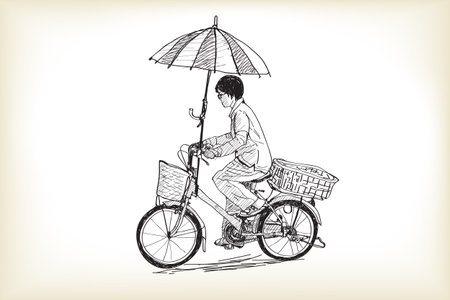 a girl riding bicycle to market and adapting umbrella on bicycle, free hand drawing sketch vector illustrationのイラスト素材