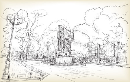 Sketch of cityscape Hanoi public space at Vuon hoa Hang Dau park, free hand draw illustration vectorのイラスト素材