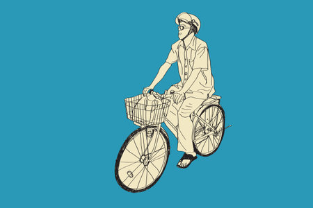 riding bicycle to market, free hand drawing, vector and illustrationのイラスト素材