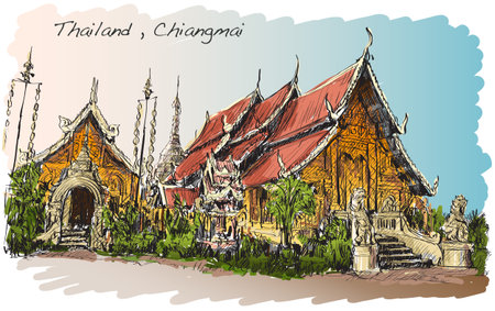 sketch of Thai temple asia style in Chiangmai, Wat Mahawan temple, hand draw illustration vectorのイラスト素材