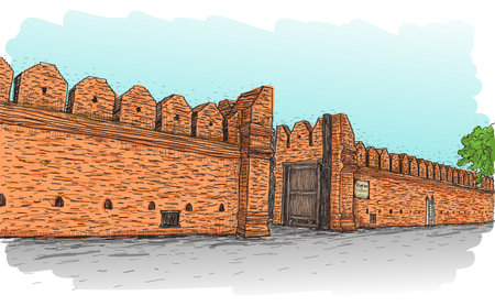 sketch of old wall gate Tha Phae gate in Thailand, Chiangmai free hand draw vector illustrationのイラスト素材