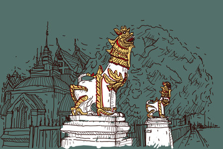 City scape drawing sketch in Thailand at temple Prasat, lion sculptureのイラスト素材