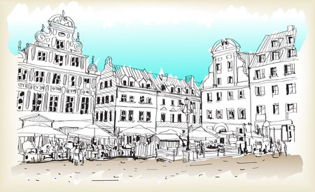city scape drawing sketch in Poland downtown vectorのイラスト素材