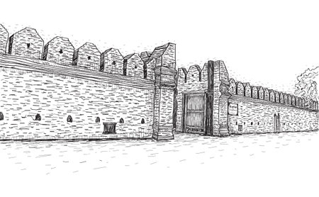 sketch of old wall gate Tha Phae gate in Thailand, Chiangmai free hand drawのイラスト素材