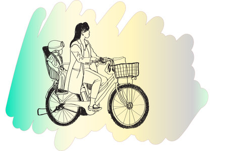 riding bicycle mom and boy, free hand drawing, vector and illustrationのイラスト素材
