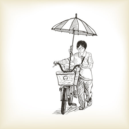 a girl riding bicycle to market and adapting umbrella on bicycle, free hand drawing sketch vector illustrationのイラスト素材
