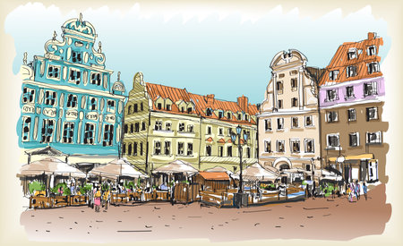 city scape drawing sketch in Poland downtown vectorのイラスト素材