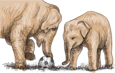 elephant playing football, sketch free hand draw illustrationのイラスト素材