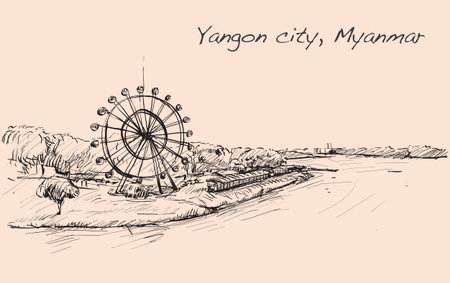 sketch cityscape of Yangon, Myanmar on topview show river and local rollercoaster, illustration vectorのイラスト素材