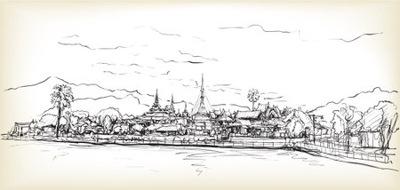 Sketch of asia temple in Thailand, free hand draw illustration vectorのイラスト素材