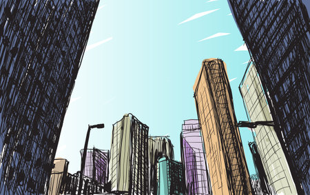 sketch city scape building in Tokyo hand draw illustration vectorのイラスト素材