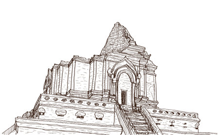sketch old temple pagoda Wat-Ja-Dee-Luang in Thailand, Chiangmai, free hand draw vector illustrationのイラスト素材