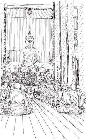buddhist monks praying at temple in Chiangmai, Thailand, sketch free hand draw vector illustrationのイラスト素材