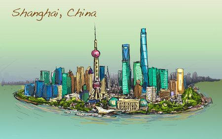 sketch cityscape of Shanghai skyline free hand draw illustration