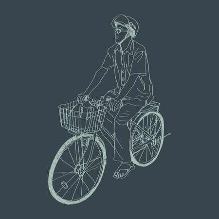 riding bicycle to market, free hand drawing, vector and illustrationのイラスト素材