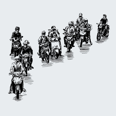 Drawing of the motorcycle in Vietnam at traffic lightの写真素材