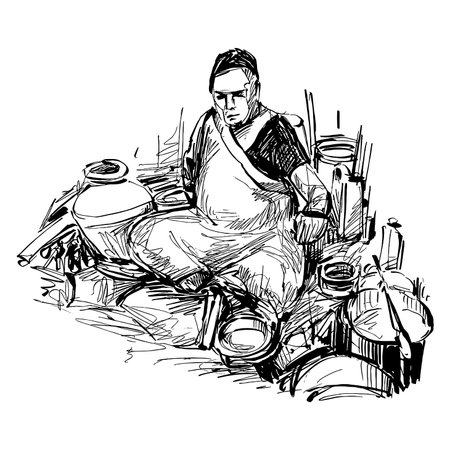 Drawing of the street food cooker in Indiaのイラスト素材